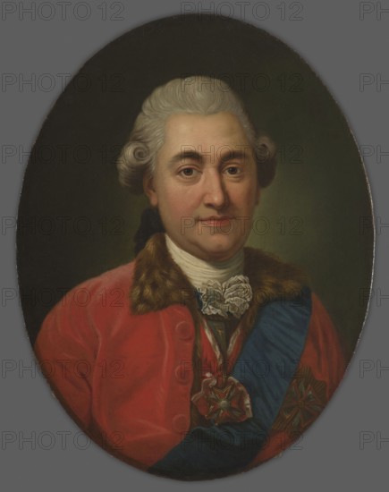 Kazimierz Poniatowski 1721–1800. Marcello Bacciarelli 1731–1818 painter of the original, Konstanty Aleksandrowicz fl. 1777–1794 painter. Oval bust, turned en face to the viewer. Wears a light wig with a pigtail; red jacket with fur, brown collar and covered buttons; white batiste scarf at the neck. Over his left shoulder hangs the ribbon of the Order of the White Eagle with blue moiré and the star of the same order on the left breast. At the neck, on a red ribbon, the Order of St. Stanislaus. Plain olive background. 1784, Poland. Portrait. Without frame: h. 67 cm, w. 52 cm; with frame: h. 82.2 cm, w. 67 cm., An oval oil portrait of a person shown from the chest up wearing a red coat with a fur collar and a blue sash across the torso; the person has light gray hair styled with curls at the sides and a powdered appearance, a pale complexion with subtle rosy cheeks, and neutral facial expression with closed lips and visible eyes looking forward; a white ruffled cravat is visible at the ne...