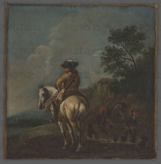 Officer on a White Horse, Pieter Wouwerman 1623–1682, ca. 1665, oil painting, Western Europe; height approximately 25.0–25.5 cm, width approximately 23–24.5 cm., A painted scene shows a person seated on a white horse facing slightly toward the viewer, wearing a brownish coat and a dark hat with a pale plume, and a saddle with reddish and bluish accents; the horse has visible muscle shading in white and gray tones. To the right, a darker horse with a reddish-brown drape stands near a second figure who holds a long object and wears darker clothing with a reddish head covering. The background features a hillside with a group of dark green and brown trees and a cloudy sky in muted blue and gray; the foreground ground is dark brown and green. Overall colors visible include white, gray, brown, dark green, reddish-brown, blue, and muted yellow.
