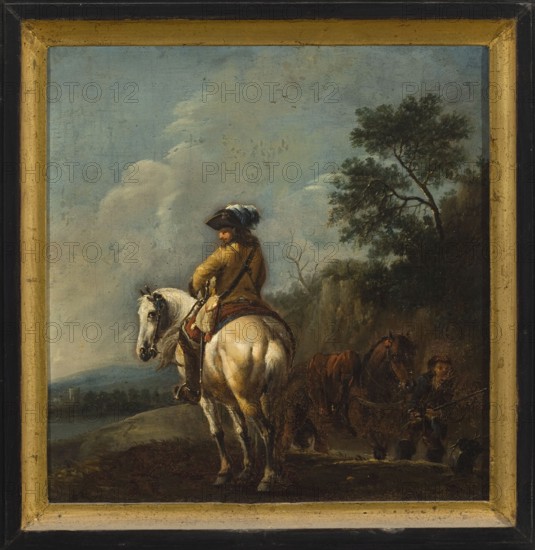 Officer on a White Horse, Pieter Wouwerman 1623–1682, ca. 1665, oil painting, height 25.0 cm, width 24.5 cm alternative measurements: height 25.5 cm, width 23 cm, Western Europe., A painted scene in a dark frame shows a person wearing a hat with a feather seated on a light-colored horse, turned so the rider looks over their shoulder; the rider wears a brownish jacket and has darker hair and a strap across their back. The horse is pale with visible musculature and a saddle with cloth elements. Nearby a group of darker horses stand at the edge of shadow, and a person in darker clothing stands beside them holding a long object. A hill or cliff with green foliage and a tall tree rises at the right, and a distant low landscape stretches left under a sky filled with pale blue and white clouds. The visible colors include shades of brown, tan, cream, white, dark green, pale blue, and muted gray.
