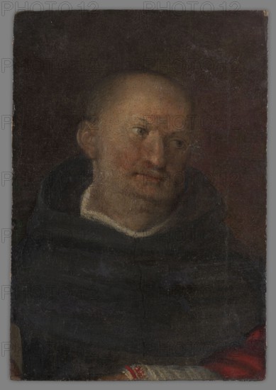 Head of a Monk, Holbein, Hans 1497/1498–1543; young, painter. Portrait painting, 19th century unknown exact date. Oil on panel, height 27.5 cm, width 19.0 cm., A portrait of a man shown from the shoulders up wearing a dark hooded garment, with a rounded bald head and light skin tones that show subtle warm pink and beige shading; his facial hair is sparse and light, and his eyes gaze slightly to one side; the background is dark with deep brown and muted red areas; the garment is primarily black with hints of dark blue, and there is a small area of bright red and off-white visible near the lower edge.