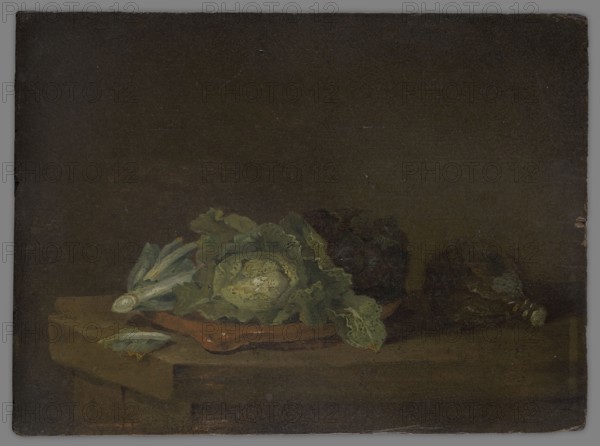 Still Life with Cabbage, Kalf, Willem 1619–1693, mid-17th century, Netherlands; painting; height 13.8 cm, width 18.7 cm; height 18 cm, width 14 cm., A dim still life showing a group of leafy vegetables arranged on a wooden surface against a dark background; a central pale green head with layered leaves sits on a reddish-brown cutting board, surrounded by several loose green leaves and pale green stalks, and darker green to almost black rounded vegetables toward the right, with the overall palette dominated by dark brown, deep green, pale green, and touches of reddish-brown.