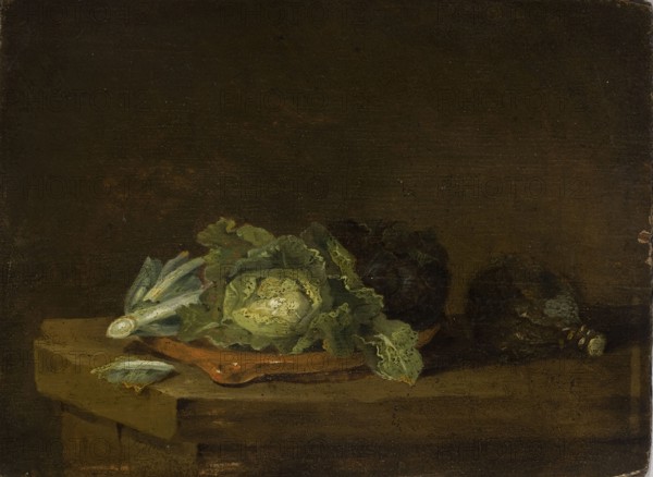 Still Life with Cabbage, Willem Kalf 1619–1693, mid-17th century, Netherlands; painting; dimensions: 13.8 × 18.7 cm and 18 × 14 cm., A still life showing a group of leafy vegetables arranged on a wooden surface with a few loose leaves nearby; the vegetables include a central head with textured green and pale yellow leaves, a lighter green elongated stalk with pale tips to the left, and darker green rounded heads toward the right. The surface and background are painted in deep brown and dark olive tones, with the vegetables rendered in shades of green, pale yellow, white, and touches of brown.