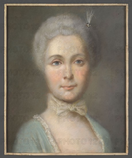 Maria Karolina Radziwillowa 1730–1795, unknown author. Bust turned slightly to the right, head and gaze straight ahead. Blue eyes. Gray wig with an egret. Rococo turquoise dress, white bandage with a bow around the neck. Olive background. Probably a pair for Karol Radziwill in youth. 18th century, Poland. Portrait. Height 38.0 cm, width 31.0 cm., A portrait of a person shown from the shoulders up against a dark, muted background, with light gray hair styled away from the face and a small decorative feather ornament near the hairline; the face has pale skin with subtle pink tones on the cheeks, light blue eyes, and neutral lips, and the subject wears a pale beige bow tied at the neck and a light blue garment with pale lace trim.