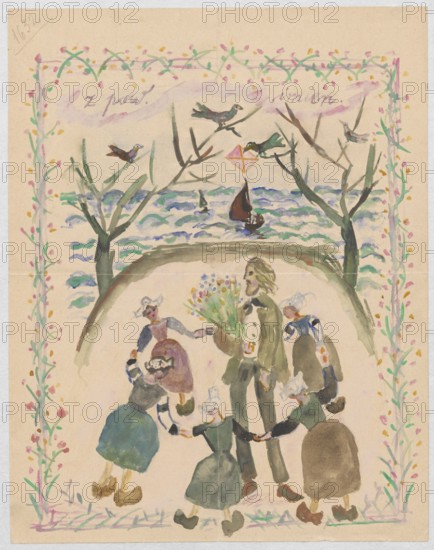 Name day card for Maria Mickiewiczówna by Tadeusz Makowski 1882–1932. Drawing on both sides of a card; includes self-portraits, portrait of Maria Mickiewicz 1868–1952, depiction of painters, portraits of artists, easels, men's portraits, and name day wishes. Inscribed as a letter; dated September 1917, created in Le Pouldu. Medium: drawing; dimensions: height 22.9 cm, width 17.9 cm., The image shows a hand-painted scene with pastel and muted colors including green, blue, pink, purple, brown, beige, yellow, and black. A central tall figure in green stands holding a bouquet of multicolored flowers while a group of several smaller figures in dresses and aprons, in shades of blue, green, brown, and gray, hold hands and form a circle around the central figure. Above them is a curved arch suggesting a horizon, beyond which a body of water in wavy blue and green tones stretches across the middle of the picture with a small brown sailboat on it. Leafless tree branches in dark green and brown r...