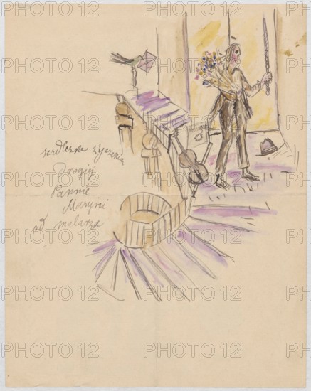 Name day card for Maria Mickiewiczówna, by Tadeusz Makowski 1882–1932; includes self-portraits and portrait of Maria Mickiewicz 1868–1952; subject: painters, portraits, portraits of artists, easels, men's portraits; inscription: name day wishes; medium: letter with drawings on both sides; date: September 1917; place of creation: Le Pouldu; dimensions: height 22.9 cm, width 17.9 cm;, A hand-drawn scene in pen and watercolor showing a person standing near an open doorway holding a long object and a bouquet of flowers, with a hat on the floor nearby; a stringed instrument leans against a railing beside a book propped open, and a small bird sits on a post holding an envelope. The composition includes a curved crib-like object on the floor, a staircase or rail with balusters, and radiating brushstrokes on the floor. Visible colors include pale beige paper, black or dark brown ink lines, washes of yellow, purple, pink, green, and touches of blue.
