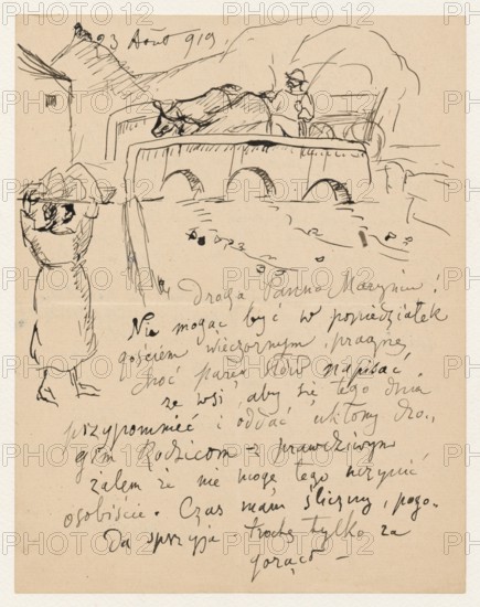 Letter to Maria Mickiewiczówna with a drawing view of the bridge in Espaly, Makowski, Tadeusz 1882-1932 author, Makowski, Tadeusz 1882-1932; Espaly-Saint-Marcel France; Mickiewicz, Maria 1868-1952 - addressee; bridges; one page; both sides written; drawing at the top of the first page; dated 23 August 1919; letter, manuscript, drawing; height 23.0 cm, width 18.0 cm., A hand-drawn ink sketch on beige paper showing a bridge with rounded arches spanning a body of water, a cart with a reclining animal on the bridge and a standing human figure near the cart, a distant suggestion of mountains and a small building beyond the bridge, a standing person in the foreground wearing a hat and a long garment with visible feet, scattered loose ink marks and small shapes on the water surface and around the scene, and areas of cursive handwriting across the lower half of the page; visible colors are beige paper and black ink.