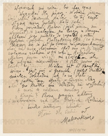 Letter to Maria Mickiewiczówna with a drawing view of the bridge in Espaly, Makowski, Tadeusz 1882–1932 author, Espaly-Saint-Marcel France, Mickiewicz, Maria 1868–1952 - addressee, one page; both sides written; drawing at the top of the first page, 23/08/1919, letter, manuscript, drawing, height 23.0 cm, width 18.0 cm, The image shows a single aged sheet of paper with handwritten cursive covering most of its surface; the paper is a beige or light tan color with slightly darker edges and a few small darker spots. The handwriting appears in dark ink that ranges from black to dark brown and varies in thickness and intensity across the page. There are several areas where the ink is heavier and lines overlap, creating darker clusters, and a few lighter, more faded strokes. The writing fills nearly the entire page, leaving a narrow blank margin around the edges and a slightly wider blank space at the bottom. In the top left corner there is a faint mark made in a softer medium that appears gr...