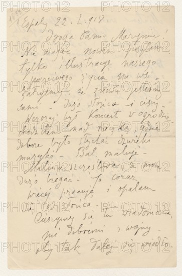 Letter to Maria Mickiewiczówna from Tadeusz Makowski 1882–1932, one page, both sides written, 22 July 1918, Espaly-Saint-Marcel; manuscript letter; height 20.9 cm, width 13.5 cm. Mentions Mickiewicz family and Maria Mickiewicz 1868–1952 as addressee., A single sheet of off-white paper with a handwritten letter in dark gray ink covering most of the page; the handwriting is cursive and slanted, with varying line darkness and some visible bleed-through from writing on the reverse. The paper shows a subtle rectangular crease across the middle and a few small corner and edge imperfections, including a slightly dog-eared lower-left corner and a small crease near the top right. The background around the sheet is a soft warm beige. Overall visible colors are off-white for the paper, dark gray for the ink, and beige in the surrounding area.