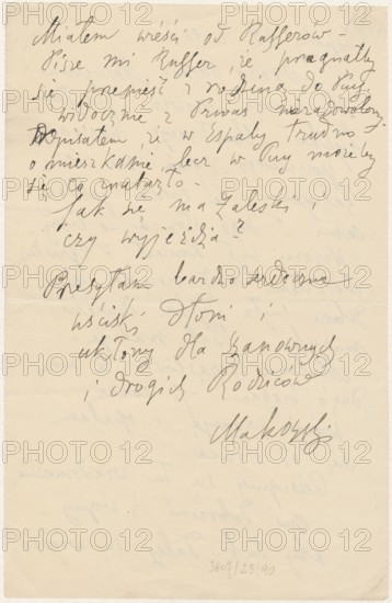 Letter to Maria Mickiewiczówna from Tadeusz Makowski 1882–1932; addressee: Maria Mickiewicz 1868–1952. One-page manuscript letter, written on both sides, dated 22 July 1918, Espaly-Saint-Marcel. Height 20.9 cm; width 13.5 cm., A vertical sheet of cream-colored paper with handwritten dark gray ink cursive across the upper two-thirds, the writing varying in pressure and thickness and showing a few crossed-out marks; the lower third of the page is mostly blank with faint reverse impressions of writing visible beneath the surface; the paper shows subtle creases and a horizontal fold line near the center, and the edges display slight wear with a narrow margin of lighter discoloration around the perimeter.
