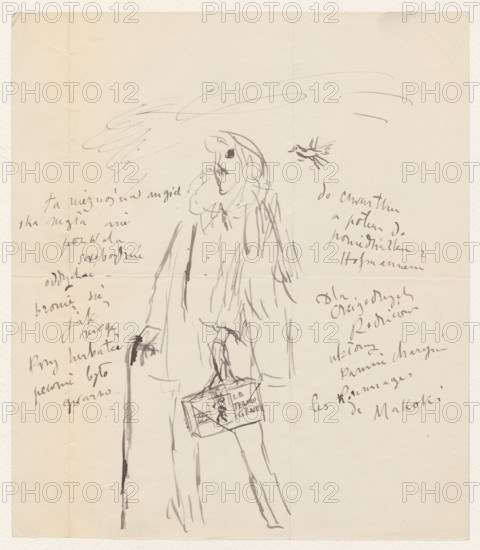 Letter to Maria Mickiewiczówna with a drawing: self-portrait of the artist in a coat and beret, with a cane. Tadeusz Makowski 1882–1932, author. Self-portrait; addressee Maria Mickiewicz 1868–1952. One page; text and drawing on recto. Letter, manuscript, drawing, 1917–1932, Paris . Height 23.0 cm, width 19.9 cm., A hand-drawn ink sketch on off-white paper showing a standing figure wearing a long coat and a hat, holding a walking stick in one hand and a small rectangular case in the other, with loose flowing lines indicating hair or a scarf; a small bird is sketched near the figure's head and there are several scribbled marks and handwritten notes around the figure. The visible colors are off-white background with dark brown or black ink lines and slight tan aging at the edges.