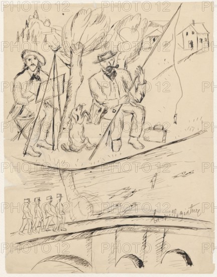 Un dimanche a la campagne... - drawing attached to a letter to Maria Mickiewiczówna; Makowski painting a picture outdoors, accompanied by Boleslaw Balzukiewicz fishing and his dog Malina. Tadeusz Makowski 1882–1932 draughtsman/author; self-portraits; Boleslaw Balzukiewicz 1879–1935; painting accessories; iconography of Balzukiewicz and Makowski; painters; Maria Mickiewicz 1868–1952 — addressee; portraits of artists; easels; fishing; dogs. Loose leaf, drawing on the recto page, author's comment on the verso page. Dated 22/07/1918, Espaly-Saint-Marcel. Drawing, 26.9 × 20.9 cm., A hand-drawn ink sketch on cream-colored paper shows a riverside scene with a group of figures and landscape elements. In the upper portion, two seated men sit beneath stylized trees; one man wears a beret-like hat and appears to be seated at an easel, while the other wears a brimmed hat, holds a long pole, and has a pipe with smoke rising. A dog sits between them looking upward. Nearby are a small box and a dangl...