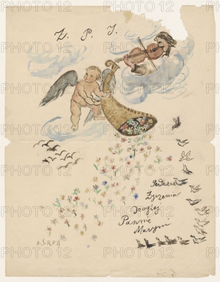 Name day card for Maria Mickiewiczówna, with a drawing of an angel pouring flowers from a cornucopia and a self-portrait of the artist playing the violin in the clouds; Tadeusz Makowski 1882–1932, addressee Maria Mickiewicz 1868–1952; iconography: cornucopia, angels, violin, self-portrait; card with drawing on page 1; filigrees; one card; drawing dated 08/09/1919, Espaly-Saint-Marcel; drawing, height 27.0 cm, width 20.9 cm., A watercolor scene on aged paper showing a cherubic child with gray-blue wings holding a large curved golden horn, from which a spray of small colorful flowers and petals spills downward; nearby a figure playing a violin is partially surrounded by blue-gray cloudlike swirls, and there are several small black birds flying around and along the right edge; the paper has off-white and beige tones with some darker brown stains and torn edges, and the flowers include red, blue, yellow, and green hues while the horn is golden brown and the violin is reddish-brown.