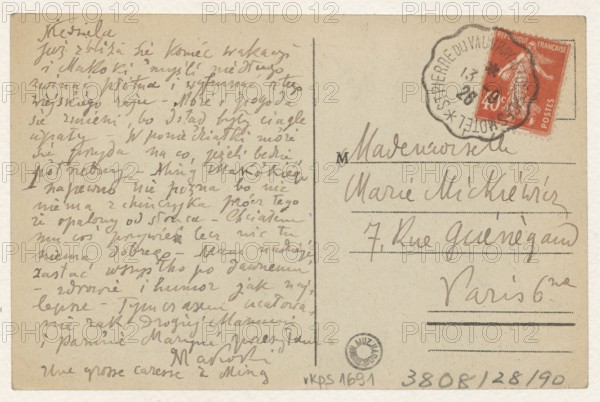 Postcard to Maria Mickiewiczówna by Tadeusz Makowski 1882–1932; postcard, manuscript letter; addressed to Maria Mickiewicz 1868–1952; subject: French architecture, Breuilpont France; dated 13/09/1926; dimensions: height 9.1 cm, width 13.9 cm., The image shows the back of a postcard with a light beige background and worn edges; the left side is filled with dense handwriting in dark brown ink, written at a slant and covering much of the area, while the right side has spaced lines of cursive handwriting in similar dark ink with a vertical dividing line between the two halves. In the upper right corner there is a red postage stamp featuring a standing figure and a dark circular postal cancellation mark overlapping it; a small round ink stamp appears near the lower center-right. The paper shows slight discoloration and faint spotting, and there is a thin darker border around the postcard.