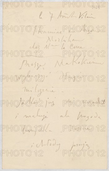 Letter from Tadeusz Makowski 1882–1932 to Maria Mickiewiczówna Maria Mickiewicz, 1868–1952, manuscript letter, 2 leaves, all pages written, dated 7 Aug 1929, filigree, place of origin Tumiac-en-Arzon, height 17.3 cm, width 10.9 cm., A sheet of cream-colored paper with handwritten cursive marks in a brownish ink covering most of the surface, showing several lines of flowing, looping script and a wavy horizontal stroke, with the paper bordered by a narrow gray margin and faintly darker edges.