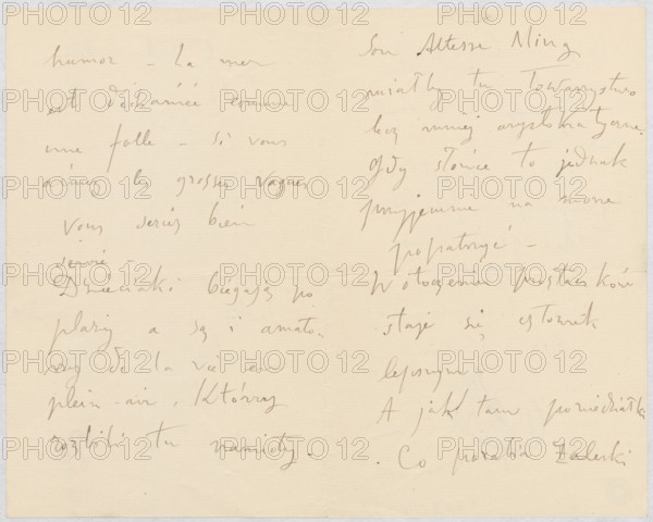 Letter to Maria Mickiewiczówna by Tadeusz Makowski 1882–1932. Manuscript letter, filigree, 2 leaves, all pages written; dated 7 August 1929, from Tumiac-en-Arzon. Height 17.3 cm, width 10.9 cm. Addressee: Maria Mickiewicz 1868–1952. Purchase/provenance and personal entries noted., The image shows a sheet of light beige paper with handwritten cursive writing across the surface, divided visually into left and right columns by a faint vertical crease; the handwriting is in a brownish ink and varies in size and slant with some lines more densely spaced and others more open, and there are a few horizontal fold creases across the paper; the paper has a slightly darker beige border and small areas of subtle discoloration near the edges.