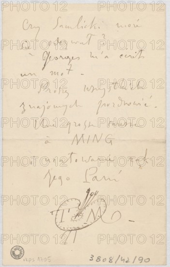 Letter to Maria Mickiewiczówna by Tadeusz Makowski 1882–1932; manuscript letter, 2 leaves all pages written, filigree; addressee Maria Mickiewicz 1868–1952; dated 7 August 1929, place: Tumiac-en-Arzon; height 17.3 cm, width 10.9 cm., A vertically oriented sheet with an off-white to beige background showing a few areas of light discoloration and a horizontal fold across the middle; the upper portion contains a few loose, flowing strokes of darker brown ink forming cursive marks, and the lower portion features a simple sketch of an artist's oval palette and a few paintbrushes drawn in darker brown ink, with the palette sitting near the bottom center and some curved decorative flourishes extending from it, plus a small round stamp mark near the lower left edge in darker ink.