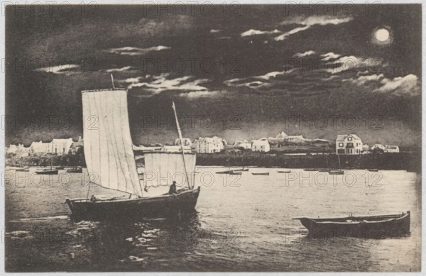 Postcard to Maria Mickiewiczówna, Makowski, Tadeusz 1882–1932 author, manuscript postcard letter, addressed to Maria Mickiewicz 1868–1952, Port-Navalo France, 1929, Tumiac-en-Arzon; dimensions: 8.9 cm x 13.9 cm., The image shows a waterfront scene with a sailboat and a smaller rowboat floating on calm water in the foreground, a shoreline with a row of buildings in the middle ground, and a cloudy sky with a round bright moon in the upper area; visible colors include shades of black, white, gray, and off-white.