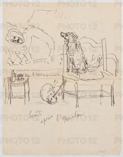 Letter to Maria Mickiewiczówna with the drawing lundi apres l'operation Makowski lying in bed with his head tied up, next to him — on a chair — a crying dog Malina, Tadeusz Makowski 1882–1932 author/illustrator; addressee: Maria Mickiewicz 1868–1952. Subjects and motifs: landscapes, portraits, portraits of artists, situational portraits, dogs, painters, illnesses, self-portraits; iconography related to Tadeusz Makowski. Date: ca. 1920. Object type: letter, manuscript, drawing. Dimensions: height 27.0 cm, width 20.9 cm., A simple ink sketch on a light beige sheet showing a loosely drawn scene with several figures and objects. A person reclines on a bed or couch on the left side, their head wrapped or covered, with a visible face turned toward the viewer and an arm extended. To the right, a seated dog with a shaggy outline sits on a bed frame drawn with curved headboard posts. Below and slightly left of center, a rounded instrument resembling a violin rests on the floor leaning against a...