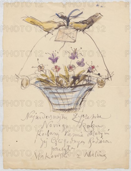 A letter with New Year's wishes for Maria Mickiewiczówna and her parents, with a drawing of a basket of flowers carried by two birds; Tadeusz Makowski 1882–1932 author/illustrator; addressee: Maria Mickiewicz 1868–1952; New Year wishes; 1922, Paris; watercolor and manuscript letter; height 26.8 cm, width 20.4 cm., A loose pen and watercolor sketch on aged beige paper showing a wicker basket with blue and brown wash containing a group of stylized flowers in purple, pink, red, and yellow with greenish-brown leaves; above the basket an arched line suggests a handle with two yellow-brown birds perched at the top facing each other and a small rectangular card between them; ink sketch lines and splashes of blue and brown wash accent the composition, and faint creases and worn edges are visible on the paper.