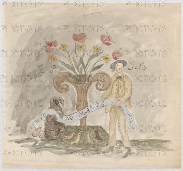 Drawing laurel with name day wishes for Maria Mickiewiczówna, with a self-portrait of the artist holding a ribbon inscribed Vive M. Marie 1922 together with his dog Malina. Maker: Tadeusz Makowski 1882–1932. Addressee: Maria Mickiewicz 1868–1952. Subject/attributes: portraits, self-portraits, male portrait, dog, painter’s portrait, lauds, name day wishes. Date: 1922. Place of creation: Espaly-Saint-Marcel. Medium: watercolor. Dimensions: height 20.8 cm, width 22.4 cm., A watercolor scene shows a person standing beside a large ornate vase holding a bouquet of flowers; the person wears a hat and light-colored clothing in shades of beige and tan with darker shoes and a blue-gray hat, and they hold a flowing pale ribbon. The vase is brown with a scroll-like design and contains tall green leaves and flowers in red and yellow. At the base of the vase there is a patch of green ground with a group of small birds in red, yellow, and brown tones and a seated brown dog or animal figure nearby. Th...