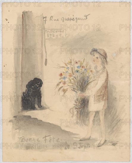 Name-day card for Maria Mickiewiczówna with a drawing of a girl with a bouquet of flowers and a dog; Tadeusz Makowski 1882–1932, author; addressee: Maria Mickiewicz 1868–1952; subject: dogs, wishes; function: name-day wishes card; medium: manuscript/watercolor; date: ca. 1920; dimensions: height 19.5 cm, width 14.5 cm; provenance: purchase., A pale, softly painted scene shows a young person standing and holding a large bouquet of wildflowers with blue, yellow, pink, and red blossoms and greenish stems, wearing a light-colored dress or coat and a brown hat with a small blue accent, facing a small black dog sitting on a shaded doorstep; the background and floor are rendered in washed grays and beige with subtle darker shadows and a tall vertical shadow or doorway area at left.