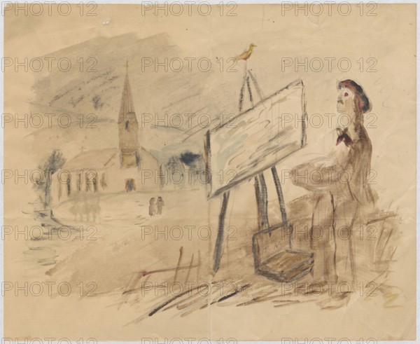Letter to Maria Mickiewiczówna with a drawing: self-portrait of the artist at an easel outdoors against a landscape with a church. Tadeusz Makowski 1882–1932, author; addressee Maria Mickiewicz 1868–1952. Watercolor manuscript letter, depicts landscapes, self-portrait, portrait of an artist with painting accessories and easel. Inscribed/personal entry; iconography of Tadeusz Makowski. Date: 1923, place: La Comelle. Dimensions: height 17.4 cm, width 21.3 cm., A rough watercolor scene on tan paper shows a person standing at an easel holding a palette, wearing a hat and a dress in brownish tones with a small red accent near the collar; the easel holds a large tilted canvas with loose pale blue and gray brushstrokes and a small yellow bird perched atop the easel; near the easel is a wooden box on the ground and sketchy dark and brown marks suggesting brushes or tools; in the background a church-like building with a tall steeple and columns stands beside a vague shoreline or open area with ...