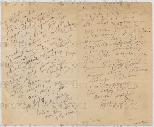 Letter to Maria Mickiewiczówna with a drawing—self-portrait of the artist at an easel outdoors against a landscape with a church. Maker: Tadeusz Makowski 1882–1932, addressee: Maria Mickiewicz 1868–1952. Watercolor manuscript letter, 1923, La Comelle. Subjects: landscapes, self-portraits, portraits of artists, painters, easels, painting accessories. Dimensions: 17.4 × 21.3 cm., A worn, folded sheet of light beige paper with handwritten cursive covering both halves; the ink appears dark brown to black in places and lighter brown in others, with uneven strokes and some smudging. The left half shows dense, slanted handwriting across most of the area, with slight creases and small tears along the top edge and a vertical fold down the center. The right half has more widely spaced handwriting, similar ink tones, and a few faint stains and darker spots, along with a visible vertical crease from folding. Edges show discoloration and minor roughness, and the paper surface displays subtle wrinkl...