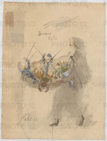 Name-day card for Maria Mickiewiczówna with a drawing depicting a self-portrait of the artist carrying a basket with frutti di mare and a bouquet of flowers; Tadeusz Makowski 1882–1932, draughtsman/author; addressee: Maria Mickiewicz 1868–1952; subjects: cards, painters, self-portraits, portraits of artists, name-day wishes; iconography: Tadeusz Makowski; date: 8 September 1924; place of creation: Tumiac-en-Arzon; medium: watercolor and manuscript on card; dimensions: height 25.9 cm, width 19.6 cm., A figure wearing a long gray cloak and dark shoes is shown in profile holding a large round basket filled with several crustaceans and a few flowers; the crustaceans are rendered in blue and brown tones with long reddish antennae, and the flowers show touches of red, yellow, blue, and green. The background is a worn beige paper with pale gray and brown wash marks, a faint darker vertical area at the left edge, and a small patch of muted red near the top left. The figure’s face is lightly sk...