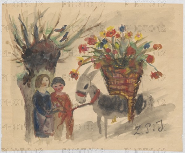 Name day card for Maria Mickiewiczówna with a drawing of two children leading a donkey with a large basket of flowers on its back; maker: Tadeusz Makowski 1882–1932, addressee: Maria Mickiewicz 1868–1952; watercolor and manuscript on card; subject: wishes, flowers, donkeys, children; dated 8 September 1923, place of creation: La Comelle; dimensions: height 17.3 cm, width 21.2 cm., A watercolor scene shows a tree with dark brown and green brushstrokes and a few small blue birds perched on its branches, a group of two children standing by the tree with one wearing darker blue clothing and the other wearing reddish clothing, a gray donkey with a darker back and a red strap around its face, and a large woven basket on the donkey’s back overflowing with colorful flowers in red, yellow, blue, and green hues; the background is a pale beige wash.