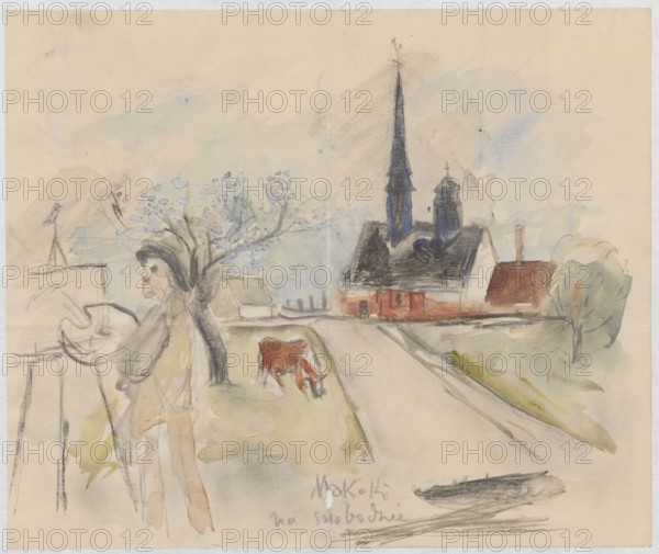 Letter to Maria Mickiewiczówna with the drawing Makoki na swobodzie self-portrait of the artist painting outdoors, in the town, Makowski, Tadeusz 1882–1932 author/illustrator, addressee: Mickiewicz, Maria 1868–1952; subject: self-portraits, painters, portraits of artists, easels, painting accessories; iconography: Makowski, Tadeusz 1882–1932; medium: watercolor and manuscript letter; date: 1927; place: Breuilpont; dimensions: height 17.7 cm, width 21.2 cm; filigrees; purchase provenance., A loose watercolor and pencil scene shows a person standing at an easel near a tree with light blue and pale purple blossoms, a reddish-brown grazing animal on a grassy area, and a road or path leading toward a group of buildings including a dark-roofed structure with tall pointed spires and nearby lower red and brown roofs, with scattered trees and soft washes of pale blue, beige, green, gray, and touches of black and red throughout.