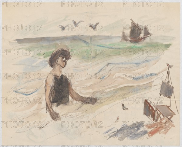 Letter to Maria Mickiewiczówna with a drawing self-portrait of the artist bathing in the sea, Tadeusz Makowski 1882–1932, addressee: Maria Mickiewicz 1868–1952. Watercolor and manuscript letter, contains iconography: self-portrait, painter, painting accessories, portraits of artists, easel, bathing, sea. Dated upper left corner: 3 Sept. 1927. Place: Saint-Quentin-la-Motte-Croix-au-Bail. Height 17.5 cm, width 21.6 cm., A loose watercolor and ink sketch of a seaside scene showing a figure with dark hair and a dark top standing waist-deep in water, with soft washes of beige, tan, blue, green, and gray suggesting waves and horizon. A few birds fly above the water rendered in gray and brown tones, and a sailing vessel with dark sails appears near the horizon in muted brown and gray. In the foreground there is a small improvised structure or boat parts in brown and gray with a few scattered objects and stones in bluish-gray, and a couple of small birds on the sand in brown and red accents. T...