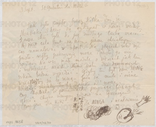 Letter to Maria Mickiewiczówna with a drawing self-portrait of the artist bathing in the sea, Tadeusz Makowski 1882–1932, addressee Maria Mickiewicz 1868–1952; themes: self-portrait, painters, painting accessories, portraits of artists, easels, bathing, sea; watercolor manuscript letter; dated upper left corner 3 Sept. no year, 1927 provenance note; place: Saint-Quentin-la-Motte-Croix-au-Bail; dimensions: height 17.5 cm, width 21.6 cm., A sheet of off-white paper with a handwritten letter covering most of the page, written in brown ink with flowing cursive lines; the top left and center have slightly darker handwriting and the rest is densely filled, with some faded spots and light creases across the paper. Along the lower right area there are multiple small ink doodles including a scribble, a roughly drawn circular face or palette with marks extending outward, and a simple sketch of a hand; the bottom edge shows some small printed markings in darker ink. The paper shows subtle discolo...