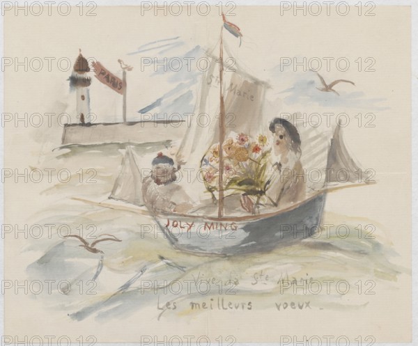 Name day card for Maria Mickiewiczówna with a drawing of the artist's self-portrait in a boat, with a bouquet of flowers; Tadeusz Makowski 1882–1932, author/illustrator; recipient: Maria Mickiewicz 1868–1952; themes: self-portraits, portraits of artists, wishes/name day wishes; medium: watercolor and manuscript; function: card/letter; date: 7 September 1927; place of origin: Saint-Quentin-la-Motte-Croix-au-Bail; dimensions: height 17.7 cm, width 21.4 cm., A watercolor scene shows a small sailboat on gentle waves with a few seagulls flying nearby; the boat is painted with shades of gray and blue and carries two figures, one wearing a dark hat and the other a smaller cap, with the seated figure holding a colorful bouquet of flowers in yellows, pinks, and reds with green leaves; sails and the mast are pale, and a faint flag with red and blue appears at the top of the mast; in the background a light-colored pier or wall extends with a lighthouse in beige and brown tones and a flagpole with...
