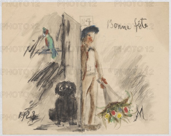 Name day card for Maria Mickiewiczówna with a drawing of the artist's self-portrait standing in the doorway with a bouquet of flowers and his dog Malina; Tadeusz Makowski 1882–1932, author; watercolor and manuscript; card; self-portrait, painters, dogs, portraits of artists; name day wishes; filigrees; 1928; height 17.3 cm, width 21.7 cm., A watercolor and pencil sketch showing a standing person wearing a dark hat and light clothing, holding a bouquet of flowers with visible reds, yellows, and greens; a small dark dog-like figure sits near the person's feet; a colorful parrot with green and red plumage perches on a horizontal surface to the left; the scene is divided by a vertical partition with dark gray and black brushstrokes, and the background is filled with light beige paper tone and gray smudges and sketches.