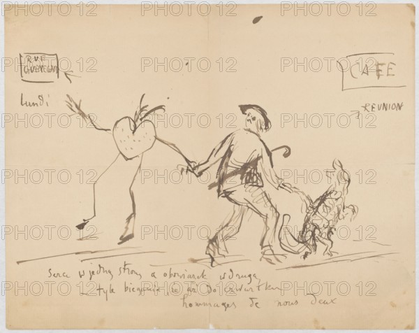 Heart in one direction and duty in the other self-portrait of the artist with the dog Malina and a walking heart - drawing for Maria Mickiewiczówna, Tadeusz Makowski 1882–1932 draughtsman/author; self-portraits; iconography of Makowski; dogs; painters; addressee: Maria Mickiewicz 1868–1952; portraits; portraits of artists; one card; drawing on recto page; ca. 1920, Paris; drawing, manuscript; height 21.2 cm, width 26.7 cm, A pen-and-ink sketch on a beige sheet showing a person in a hat walking to the right while holding hands with a heart-shaped figure with thin stick-like limbs; the person appears to wear loose clothing and is accompanied by a small dog-like creature near their legs. The heart figure has plant-like shoots coming from its top and elongated legs and arms. The drawing uses dark brown ink lines with lighter washes, and the paper shows a few small stains and slight creases. The visible colors are beige and dark brown.