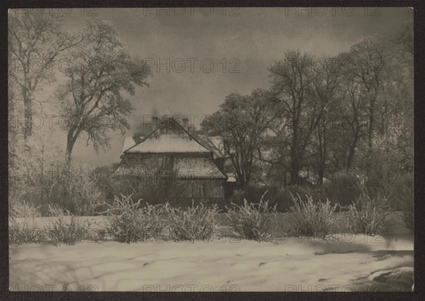 Blazewicz family manor house in Antakalnis, Vilnius — photograph by Jan Bulhak 1876–1950, ca. 1937. Winter scene showing wooden residential architecture in Antakalnis Vilnius. Photograph; height 11.0 cm, width 15.8 cm., A snow-covered scene shows a house partially hidden behind a group of leafless trees and shrubs, with snow on the roof and ground; the house has a pitched roof and visible chimneys, and the surrounding trees have bare branches extending upward and outward. The foreground features a snowy field with several low bushes dusted with snow, and taller shrubs create a textured midground. The overall tones are monochromatic shades of gray, black, and white, with darker tree trunks and roof contrasts against lighter snow and sky.