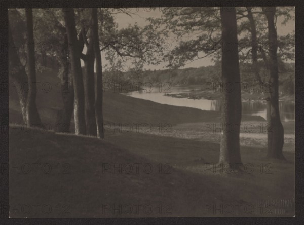 The Neris River in Tusculanum, photograph by Jan Bulhak 1876–1950, ca. 1920. Subject: the Neris River Lithuania; rivers, landscapes. Medium: photograph nature photograph. Dimensions: 11.0 cm x 15.0 cm. Location: Vilnius environment, Vilnius Lithuania., The image shows a riverside scene framed by a group of tall trees in the foreground, with visible trunks and branches casting shadows on the grassy slope. Beyond the trees a gently sloping bank leads down to a calm stretch of water that winds into the distance, bordered by wooded hills and foliage. The sky is light and contrasts with the darker silhouettes of the trees, and the overall palette includes shades of brown, black, gray, and muted green.