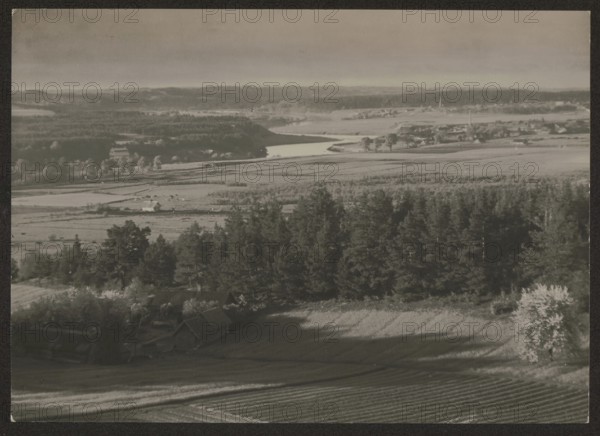 The Neris River in Ponary; photographer Jan Bulhak 1876–1950; Vilnius, ca. 1934; photograph nature photograph, 11.5 × 16.2 cm; subject: the Neris River rivers, landscapes; photographer role/classification noted; provenance: purchase; inscription/association: Orlowicz, Mieczyslaw 1881–1959 mentioned., A wide aerial view of a rural landscape showing a foreground of cultivated fields with visible furrows, a group of darker trees forming a dense stand across the middle, and a few scattered buildings with pitched roofs near the treeline; beyond the trees are open fields and meadows with lighter tones, a winding body of water cutting through the midground, and distant low hills and forested areas under a pale sky. Colors visible include shades of gray, black, and white.