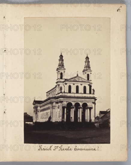 Church of St. Charles Borromeo designed by architect Henryk Marconi, view of a fragment of the southern frontage of Chlodna Street, photograph by Karol Beyer 1818–1877; inscription/attribution to Leopold Méyet 1850–1912. Subject: Church of St. Karola Boromeusza, Warsaw; date: 1861–1863. Photograph nature photography, photographic print: image height 9 cm, width 6.2 cm; support: height 11.3 cm, width 8.8 cm., The image shows a sepia-toned photograph of a large neoclassical building with a façade featuring several tall arches and columns, two symmetrical towers rising above the structure, and decorative pediments; the building sits against a pale background and is mounted on an off-white page with a few small blemishes and a rounded outer corner, and there are a few small dark shapes near the base of the building and a group of smaller buildings visible to one side, with overall colors including beige, brown, black, and off-white.