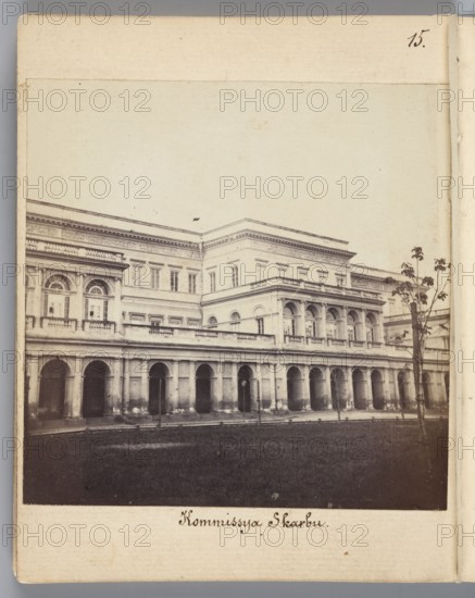 Palace of the Minister of Treasury Kommissya Skarbu, Bankowy Square, Warsaw. Architect: Antonio Corazzi 1792–1877. Photographer: Karol Beyer 1818–1877. Photograph dated 1861–1863 by Léopold Méyet 1850–1912. Photography; nature photography; photographic print, image: 8.5 × 8.4 cm; mount: 11.3 × 8.8 cm., A sepia-toned photograph of a large neoclassical building with a colonnaded ground level and a two-story upper façade featuring rows of windows and decorative cornices; the building shows arches and balustrades, and a small tree stands to the right in front of a dark grassy foreground, with the sky above appearing pale.