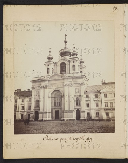The Church at Dluga Street the Piarist Church rebuilt into an Orthodox Church, photographer: Karol Beyer 1818–1877; photographer: Leopold Méyet 1850–1912. Subject: Church of the Holy Trinity Piarist Church, Dluga Street, Warsaw, domes, Orthodox church architecture. Date: 1861–1863. Medium/format: photographic print nature/architectural photography. Image dimensions: print 8.3 × 7.4 cm; support 11.3 × 8.8 cm., A sepia-toned photograph of a large ornate building with multiple onion-shaped domes topped by crosses, set within a pale rectangular border on aged paper; the façade shows classical architectural elements including columns, arches, and decorative reliefs, with a large central arched entrance flanked by smaller doorways and windows; adjacent lower buildings of similar pale tones sit on either side, and a cobblestone foreground stretches across the bottom where a group of small dark figures and a horse-drawn vehicle are visible; the image contains colors of pale cream, light beige,...