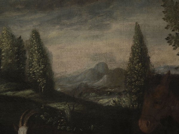 Shepherd's Scene - Jacob Preparing to Escape from Laban, unknown artist. The painting depicts a genre scene against a background of wooded hills and rocks. The sky is overcast, the whole in shades of brown, in a two-part composition, without a central scene. On the left, a sleeping man in a red coat, long boots, and a hat; nearby are a cow, a goat, sheep, and a rooster. On the right, a donkey laden with farm implements; next to him are a bent-over man and a kneeling woman in a brick-red skirt, white blouse, and sandals, preparing food in metal vessels; beside them is a spotted dog. The painting is a late, dilettante imitation of the late Renaissance studio in Bassano del Grappa, founded by Jacopo Bassano 1510–1592. Associated with the Bassano workshop. Created in the 18th century. A naive, folk transformation of Mannerist religious painting from the Venetian art scene, intended for provincial churches and chapels. From different painters, as they differ in formal features. 18th century...