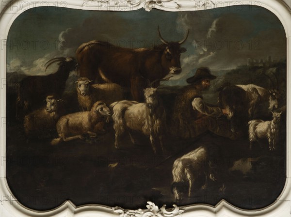 Shepherd's Scene with a Shepherd Milking a Goat, Roos, Philipp Peter 1657–1706. The overall tones are browns and dark blues. The surface is fully composed, the focal point is a cow at the back and a group of five animals three sheep and two goats filling the right side. On the right, a seated shepherd in a sheepskin coat and hat milks a goat into a wooden bucket. Next to the goat is a small white kid. At the front a dog laps water from a shallow pond. On the right background, city buildings sit on a hill. The dark sky is covered with puffy clouds. In the upper corner is the Temple of the Sibyl in Tivoli. The painting features several identical faces of sheep and rams. Philipp Peter Roos, known as Rosa di Tivoli born August 30, 1657 in Sankt Goar; died January 17, 1706 in Rome — German landscape painter. Possibly related works NB 4918, NB 4920, and NB 4921 may also be by this painter. 18th century, Italy; overdoor; height 91.0 cm, width 127.0 cm., A dark painting framed by an ornate pal...