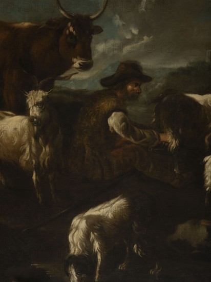 Shepherd's Scene with a Shepherd Milking a Goat, Roos, Philipp Peter 1657–1706. The overall tones are browns and dark blues. The surface is fully composed; the focal point is a cow standing at the back and a group of five animals three sheep and two goats filling the right side of the scene. On the right, a seated shepherd in a sheepskin coat and hat milks a goat into a wooden bucket. Next to the goat is a small white kid. At the front a dog laps water from a shallow pond. In the right background city buildings are visible on a hill. The dark sky is covered with puffy clouds. In the upper corner is the Temple of the Sibyl in Tivoli. The painting features several identical faces of sheep and rams. Philipp Peter Roos, known as Rosa di Tivoli born August 30, 1657 in Sankt Goar; died January 17, 1706 in Rome — German landscape painter. Possibly related works: NB 4918, NB 4920, and NB 4921. 18th century, Italy; overdoor; height 91.0 cm, width 127.0 cm., A dark, muted scene dominated by deep...
