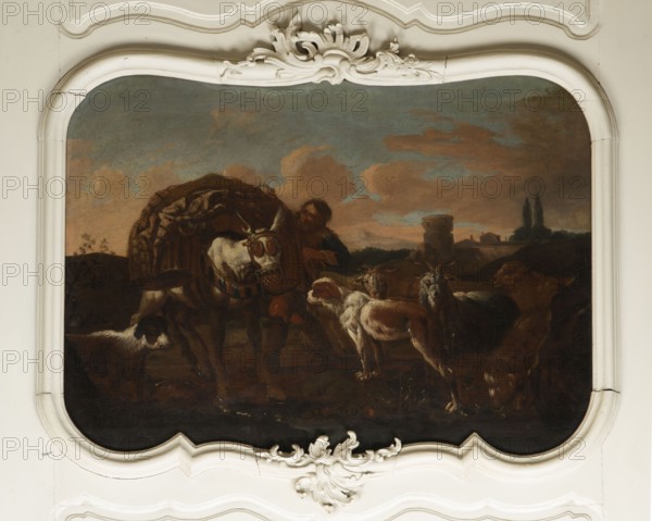 Shepherd's Scene with a Laden Donkey, Roos, Philipp Peter 1657–1706 painter. General tones of brown against a grey-blue sky with pink clouds and a slightly marked mountain range. The second plan on the right consists of buildings and clumps of trees. The foreground is a genre scene: next to a donkey laden with baskets a peasant secures the load; nearby are two dogs, two goats and two rams. 18th century, Italy; overdoor. Height 92.0 cm, width 127.5 cm., A painted scene set within an ornate white frame shows a pastoral group with a few animals and a person. The colors include browns, creams, muted greens, greys, blues, and touches of reddish tones. A central light-colored horse with decorative harnessing stands near a man partly obscured and wearing darker clothing. Several goats and sheep with cream, brown, and grey fur gather nearby, and a dark-colored dog is visible at the lower left. The background displays a landscape with rolling hills, a distant building and towers, and a sky fill...