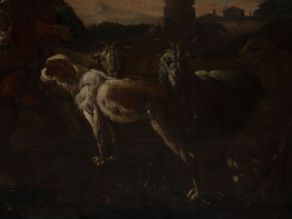 Shepherd's Scene with a Laden Donkey, Roos, Philipp Peter 1657–1706 painter. General tones of brown against a background of a grey-blue sky with pink clouds and a slightly marked mountain range. The second plan on the right consists of buildings and clumps of trees. The foreground is a genre scene: next to a donkey laden with baskets a peasant secures the load; nearby are two dogs, two goats and two rams. 18th century, Italy; overdoor. Height 92.0 cm, width 127.5 cm., A dimly lit scene shows a group of animals standing closely together in a dark outdoor setting; visible are a dog-like animal with white and brown fur facing left, a few goats with textured fur and curved horns facing forward and slightly turned, and other indistinct animal forms partly in shadow. The colors visible include deep browns, dark blacks, muted whites, dull grays, and touches of warm ochre and reddish-brown, with highlights catching the animals' fur and faces.