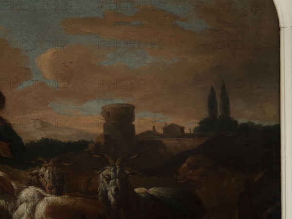 Shepherd's Scene with a Laden Donkey, Roos, Philipp Peter 1657–1706, painter. General tones of brown against a grey-blue sky with pink clouds and a slightly marked mountain range. The middle distance on the right shows buildings and clumps of trees. The foreground is a genre scene: next to a donkey laden with baskets a peasant secures the load; nearby are two dogs, two goats and two rams. 18th century, Italy. Overdoor. Height 92.0 cm, width 127.5 cm., A painted scene showing a dusky sky with clouds in shades of brown and blue, a group of animals in the foreground including goats and sheep with fur tones of white, gray, brown, and tan, a stone structure and small buildings silhouetted against the horizon in darker brown and muted earth tones, a pair of tall, dark trees near the buildings, and a pale vertical border at the far right.