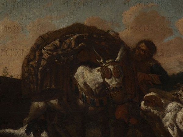 Shepherd's Scene with a Laden Donkey, Roos, Philipp Peter 1657–1706, painter. General tones of brown against a grey-blue sky with pink clouds and a slightly marked mountain range. The second plan on the right consists of buildings and clumps of trees. The foreground is a genre scene: next to a donkey laden with baskets a peasant secures the load; nearby are two dogs, two goats and two rams. 18th century, Italy. Overdoor. Height 92.0 cm, width 127.5 cm., A dimly lit scene shows a person with dark hair and a beard wearing brown and dark clothing partially behind a white animal that has a decorated harness and face covering; the animal and person are beside a group of other animals with shaggy fur. The background shows a clouded sky in shades of muted blue, pink, and beige, and the foreground includes a large dark brown draped cloth or pack with textured patterns in browns and tans. Visible colors include brown, dark brown, white, beige, muted blue, pink, tan, and a little green.