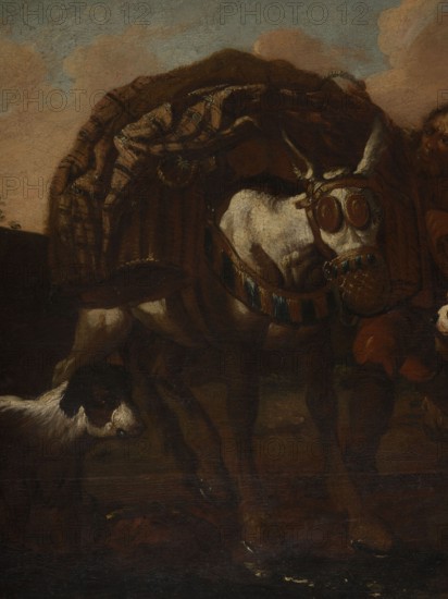 Shepherd's Scene with a Laden Donkey, Roos, Philipp Peter 1657–1706 painter. General tones of brown against a grey-blue sky with pink clouds and a slightly marked mountain range. The second plan on the right consists of buildings and clumps of trees. The foreground is a genre scene — next to a donkey laden with baskets a peasant secures the load; nearby are two dogs, two goats and two rams. 18th century, Italy. Overdoor. Height 92.0 cm, width 127.5 cm., A painted scene showing a donkey standing with a large dark brown pack or blanket draped over its back, the donkey appearing mostly white with gray and brown shading and wearing a decorative bridle and face covering with round eye pieces and fringe; a dark brown and white dog is nearby at the donkey’s legs; a partially visible person with brown skin tones and reddish-brown clothing stands close to the donkey; the background contains muted sky tones of blue and pink with soft cloud shapes and an overall palette of dark browns, ochres, mu...