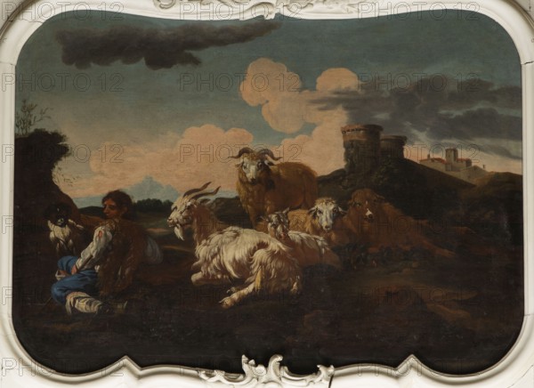 Shepherd Scene with a View of the Castle, Philipp Peter Roos 1657–1706. Multicolored composition with dominant shades of brown against a blue sky with white clouds and a distinct pink glow. In the foreground, the central group consists of two goats, a male and a female, lying down, with a male goat standing behind them. On the left, a slope, a dog, and a shepherd sitting in half-profile, wearing a brown sheepskin coat, blue trousers, a white shirt, and stockings. On the right, in the background on a hill, two cylindrical buildings and castle buildings behind them. 18th century, Italy. Overdoor. Height 92.0 cm, width 115.0 cm., A pastoral scene shows a group of animals and a person in a landscape under a sky of blue and gray with pinkish clouds; several shaggy white and brown goats lie and stand in the foreground, their fur rendered with visible texture, and a larger brown ram stands behind them. A person wearing garments in shades of brown, blue, and white reclines near the animals, wi...